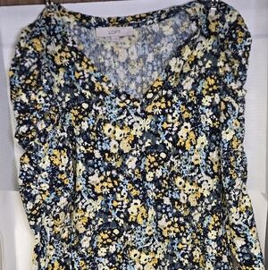 LOFT Navy Floral Long-Sleeve V-Neck Top with Yellow and White Blooms